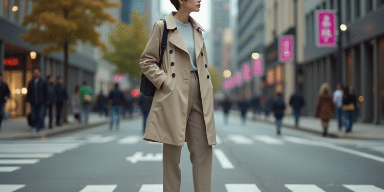 Jeune femme en trench et baskets dans la ville