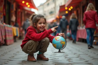Jeune fille curieuse pointant un globe dans un bazar coloré