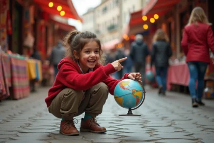 Jeune fille curieuse pointant un globe dans un bazar coloré