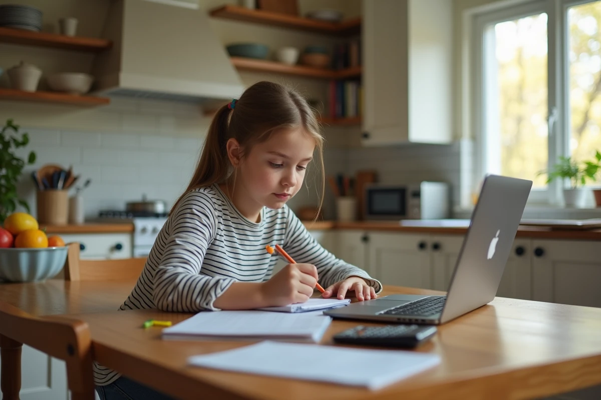 Adolescente prenant des notes dans une cuisine ensoleillée