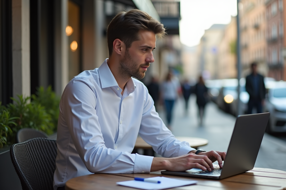 Jeune professionnel au café avec ordinateur portable affichant un contrat
