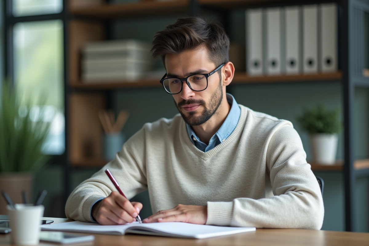 Jeune homme en sweater prenant des notes en conseil financier