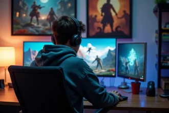 Jeune homme concentré devant son ordinateur gaming dans sa chambre