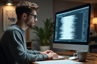 Jeune homme regardant un document glitch sur son ordinateur