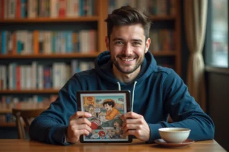 Jeune homme souriant lisant manga sur iPad dans un café