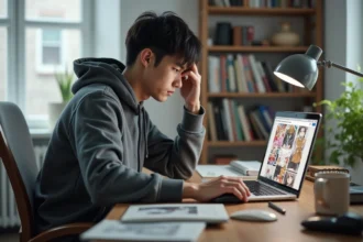 Jeune homme concentré devant un manga numérique sur son ordinateur