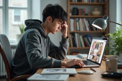 Jeune homme concentré devant un manga numérique sur son ordinateur