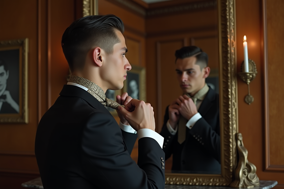 Jeune homme ajustant sa cravate dans un intérieur élégant