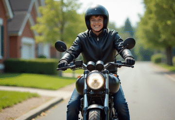 Jeune garçon souriant sur une moto 50cc en extérieur