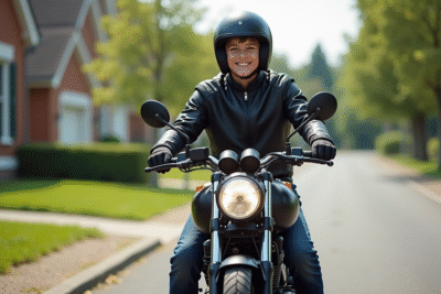 Jeune garçon souriant sur une moto 50cc en extérieur