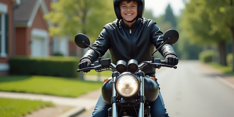 Jeune garçon souriant sur une moto 50cc en extérieur