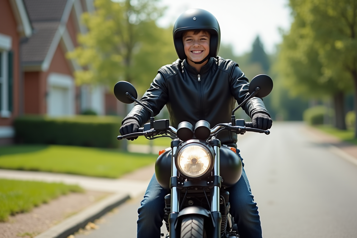 Jeune garçon souriant sur une moto 50cc en extérieur