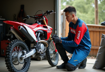 Jeune homme motocross ajustant la chaîne de sa moto