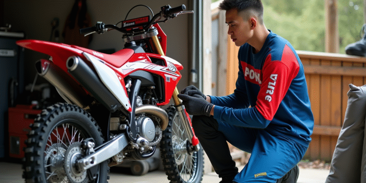 Jeune homme motocross ajustant la chaîne de sa moto