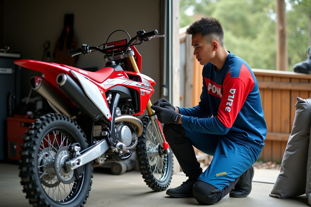 Jeune homme motocross ajustant la chaîne de sa moto