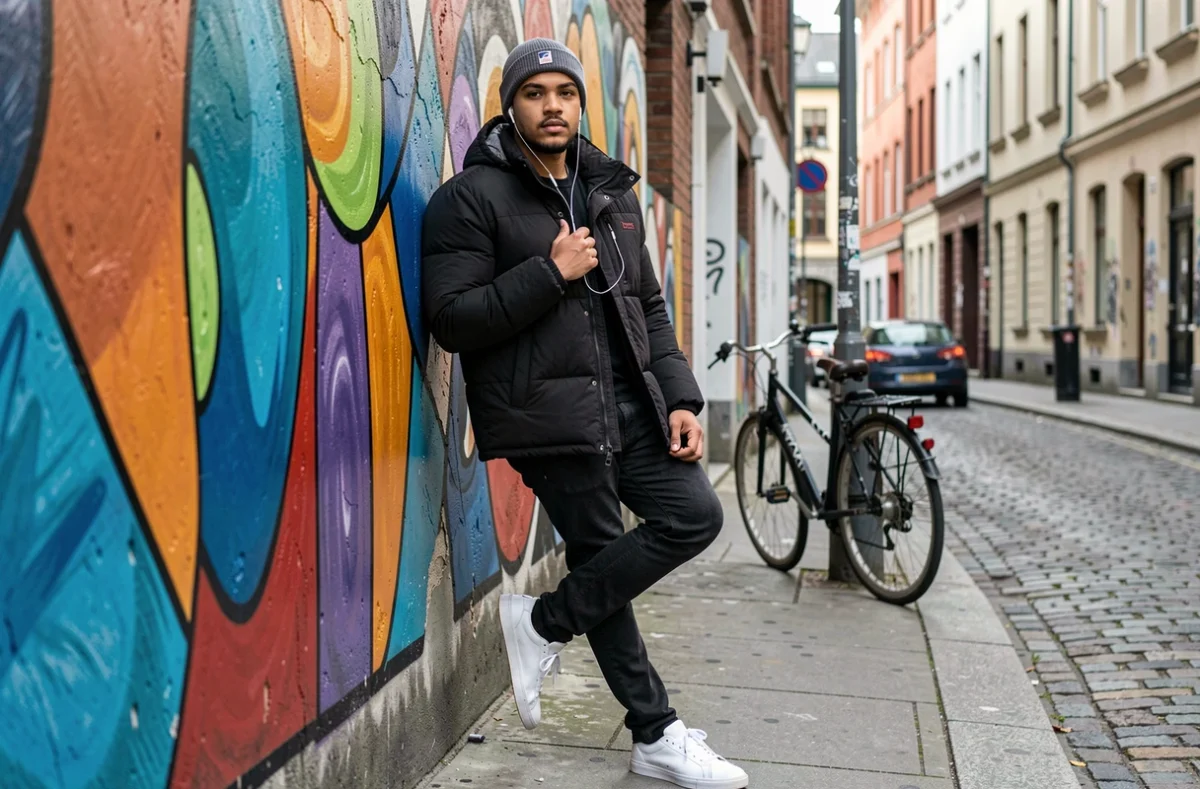 Jeune homme décontracté devant un mur de street art urbain tenant des écouteurs sans fil, culture jeune et langage contemporain