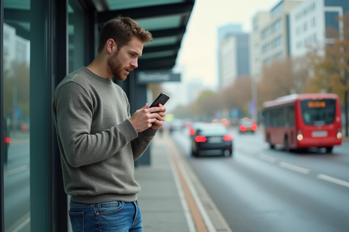 Jeune homme surpris avec smartphone dans la rue