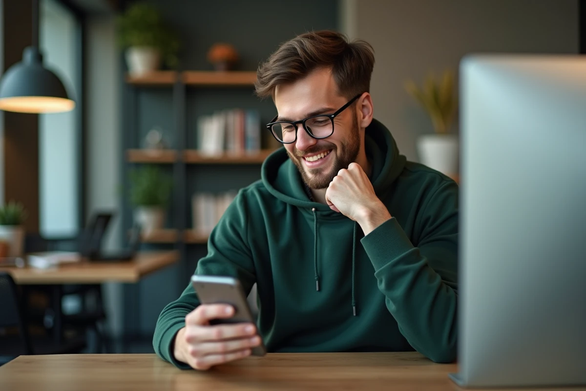 Jeune homme en hoodie ajustant ses alertes sur smartphone