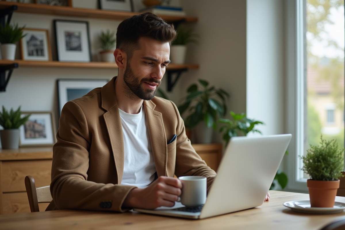 Jeune homme utilisant son ordinateur dans une maison lumineuse