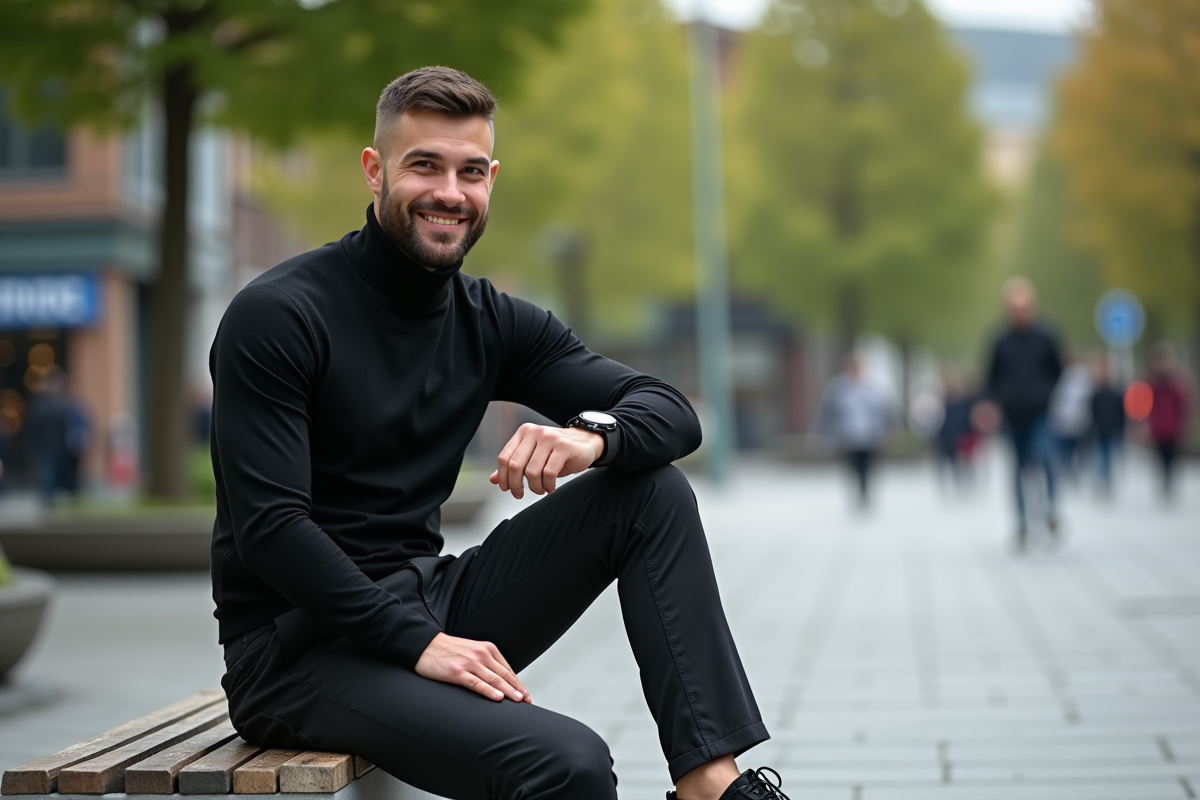 Jeune homme détendu sur un banc en ville ajustant sa montre