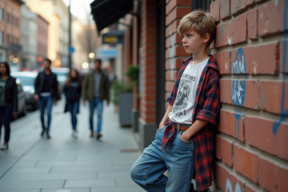 Jeune garçon urbain en jeans baggy et sneakers vintage
