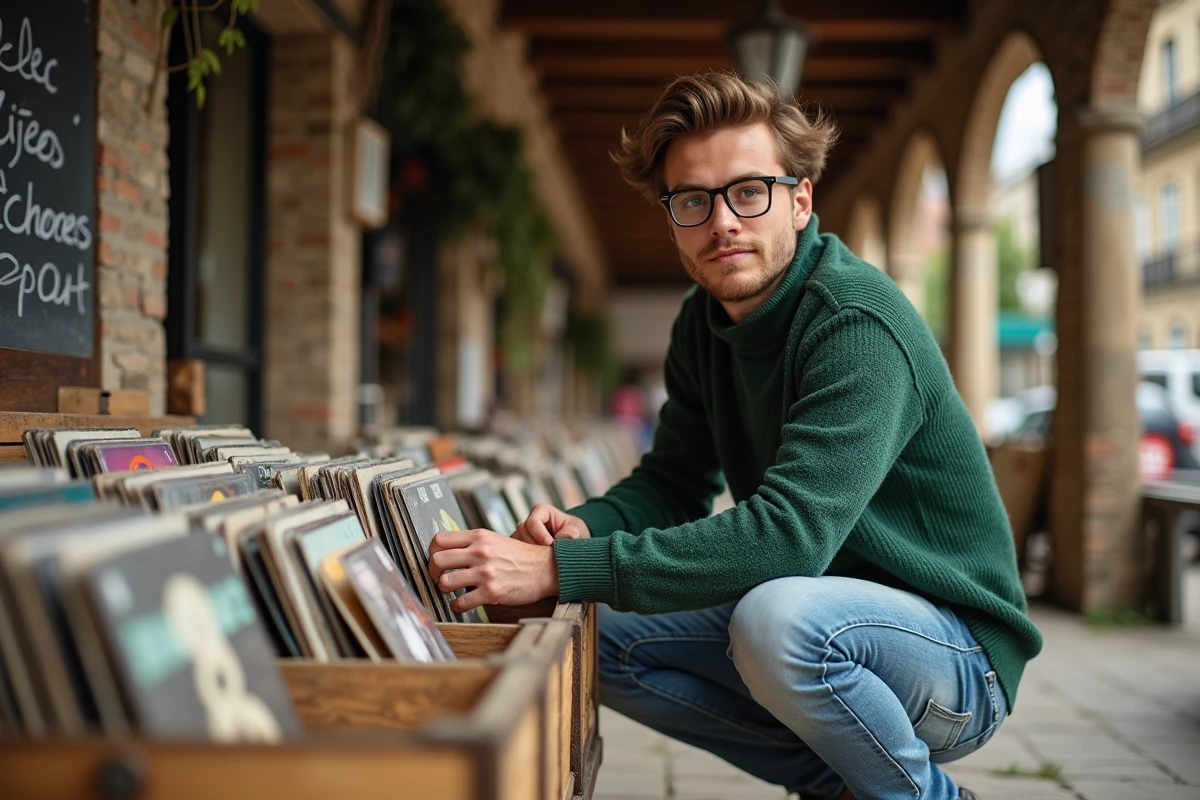Jeune homme cherchant des vinyles dans une brocante extérieure