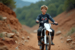 Adolescent en motocross assis sur sa moto 125cc en pleine nature