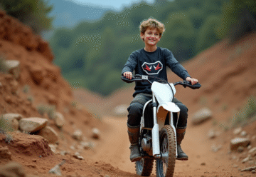 Adolescent en motocross assis sur sa moto 125cc en pleine nature