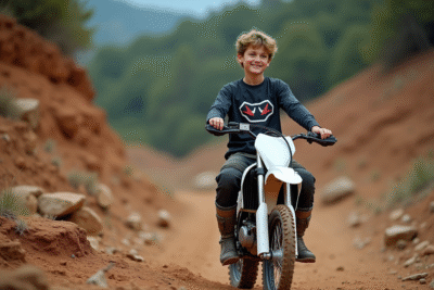 Adolescent en motocross assis sur sa moto 125cc en pleine nature