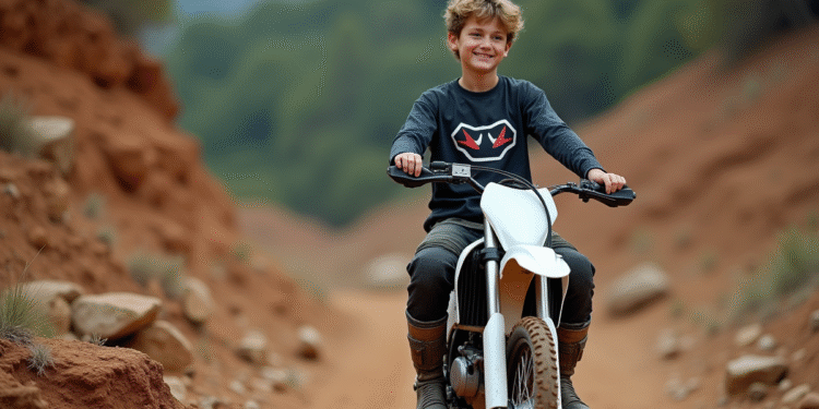 Adolescent en motocross assis sur sa moto 125cc en pleine nature