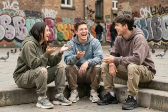 Groupe de jeunes adultes en tenue streetwear discutant avec enthousiasme sur des marches en béton urbain