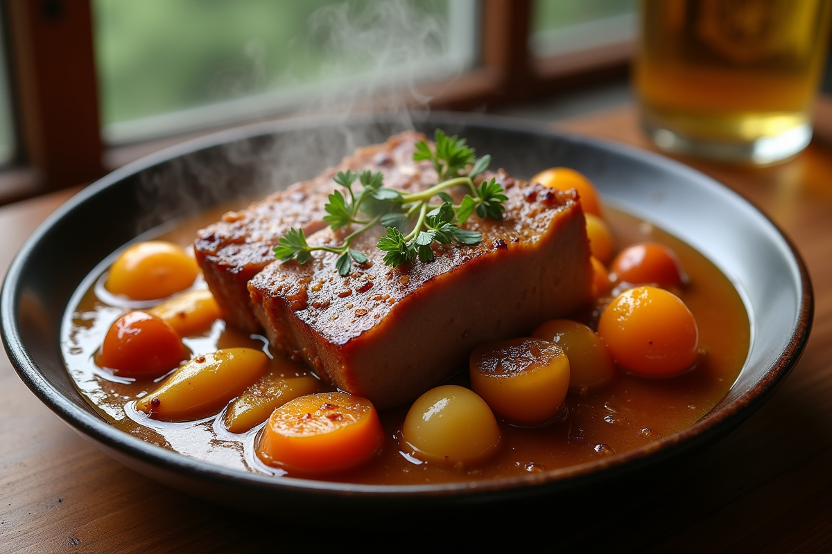 Gros plan sur joue de porc en sauce bière avec légumes caramélisés