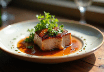 Joue de porc braisée en sauce bière sur table rustique