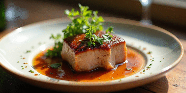 Joue de porc braisée en sauce bière sur table rustique