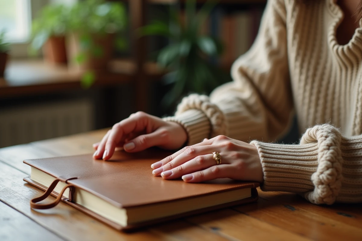 Mains féminines tenant un journal intime fermé sur une table en bois, symbolisant le respect de la vie privée et des limites personnelles