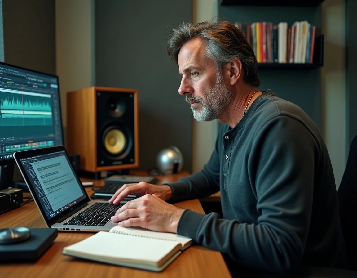 Journaliste musical analysant des morceaux dans un studio d'enregistrement avec bloc-notes et moniteur audio