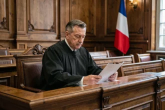 Juge en robe noire examinant des documents dans une salle d'audience formelle, symbolisant une décision de justice dans un procès civil
