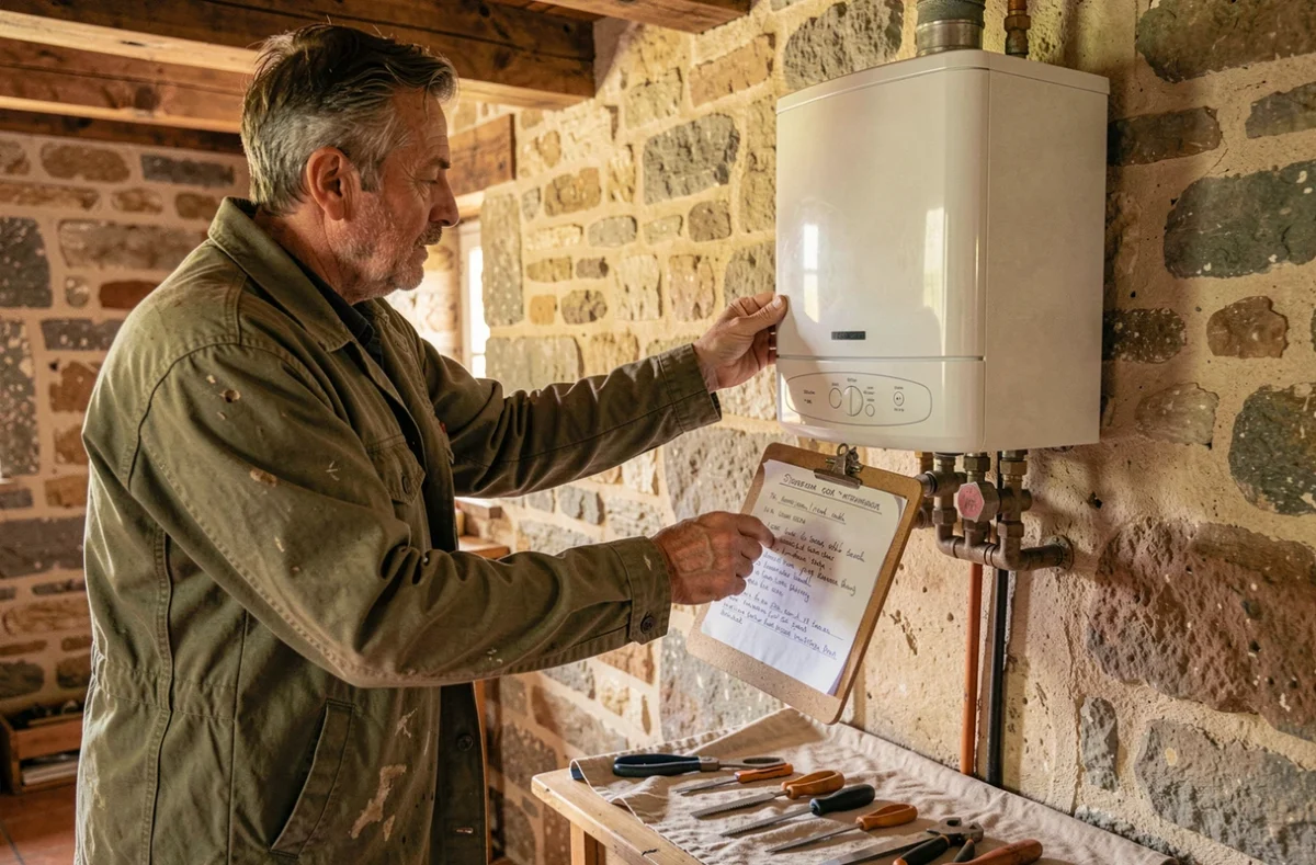 Artisan chauffagiste indépendant vérifiant une chaudière dans une maison de campagne française