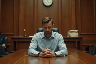 Juré solitaire assis à une table de délibération dans un tribunal américain, expression tendue et pensive, illustrant le dilemme moral du film Juré n°2