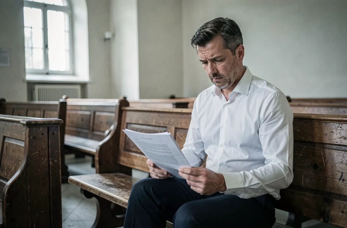 Un homme anxieux lisant seul un document juridique sur un banc dans la galerie publique d'un tribunal civil