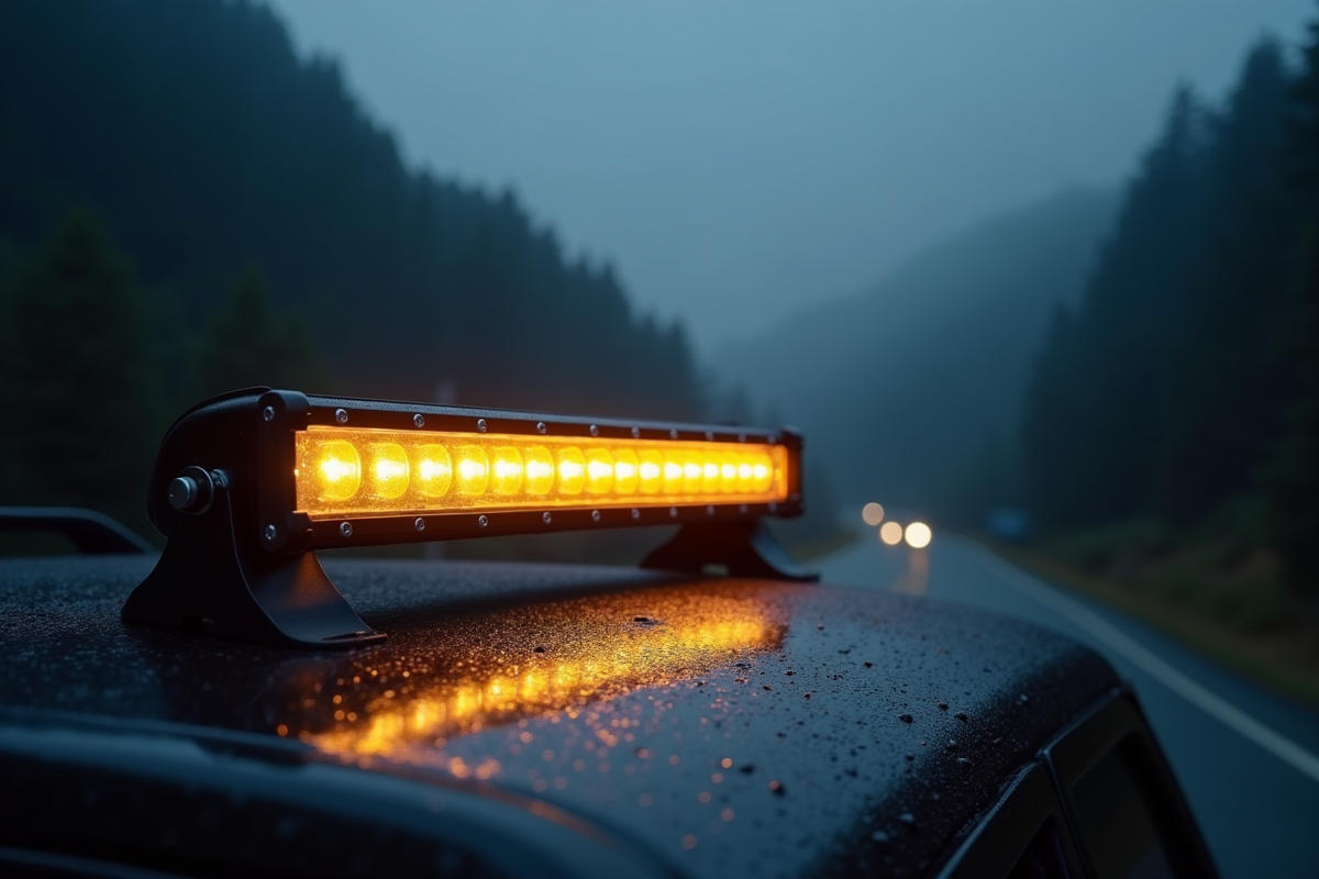 Barre lumineuse LED sur toit illuminant route de montagne la nuit