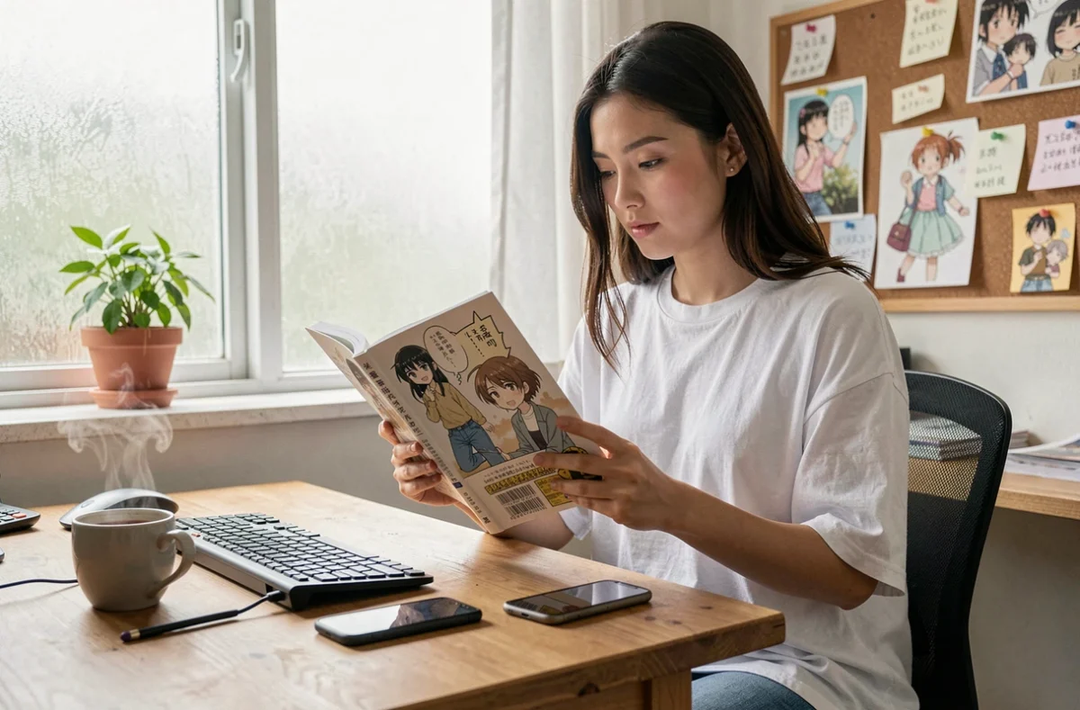 Jeune femme lisant un volume manga One Piece à son bureau en évitant les spoilers sur son téléphone