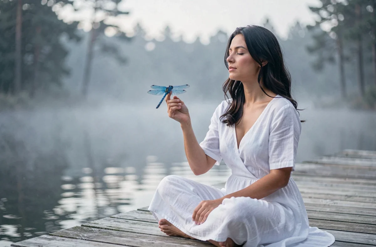 Femme méditant sur un ponton avec une libellule bleue sur son doigt, évoquant la spiritualité et la connexion intérieure