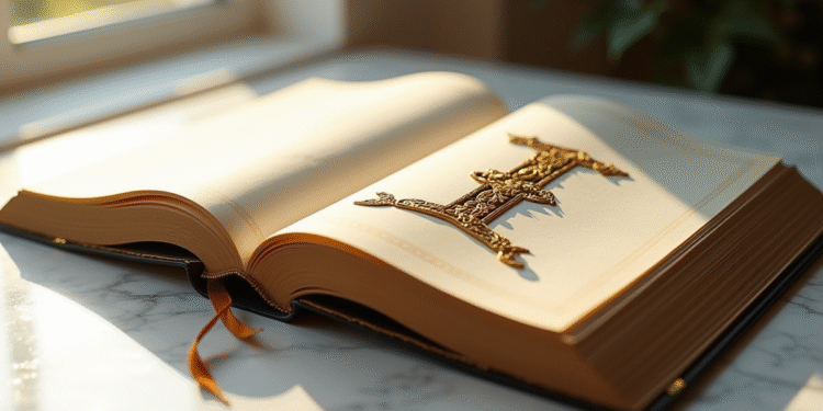 Livre ancien ouvert avec pages formant la lettre I et ornementations dorées