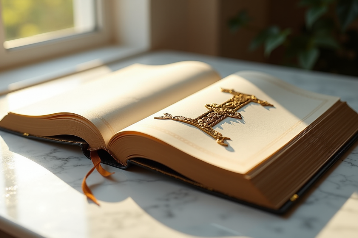 Livre ancien ouvert avec pages formant la lettre I et ornementations dorées