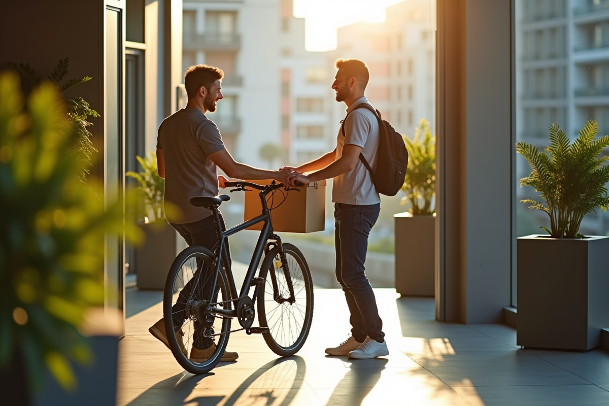 Livreur remettant un vélo à un employé devant un bureau en ville