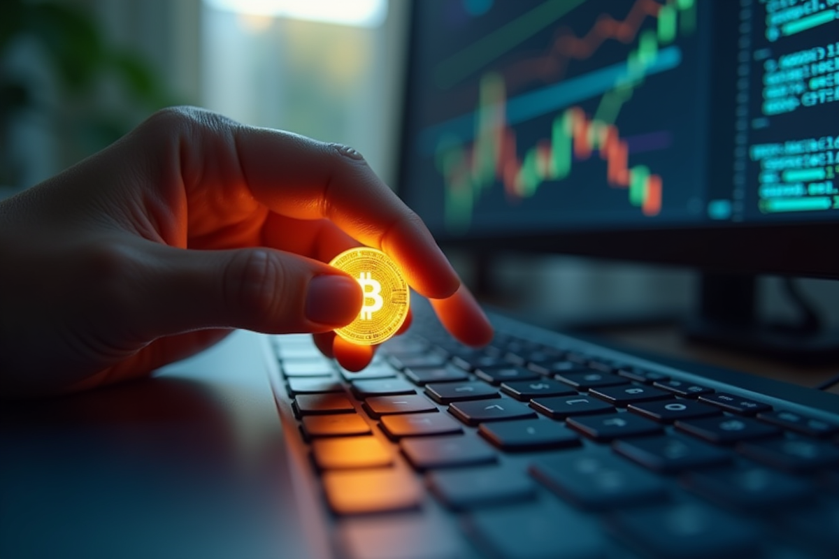 Main tenant un token lumineux devant un clavier d