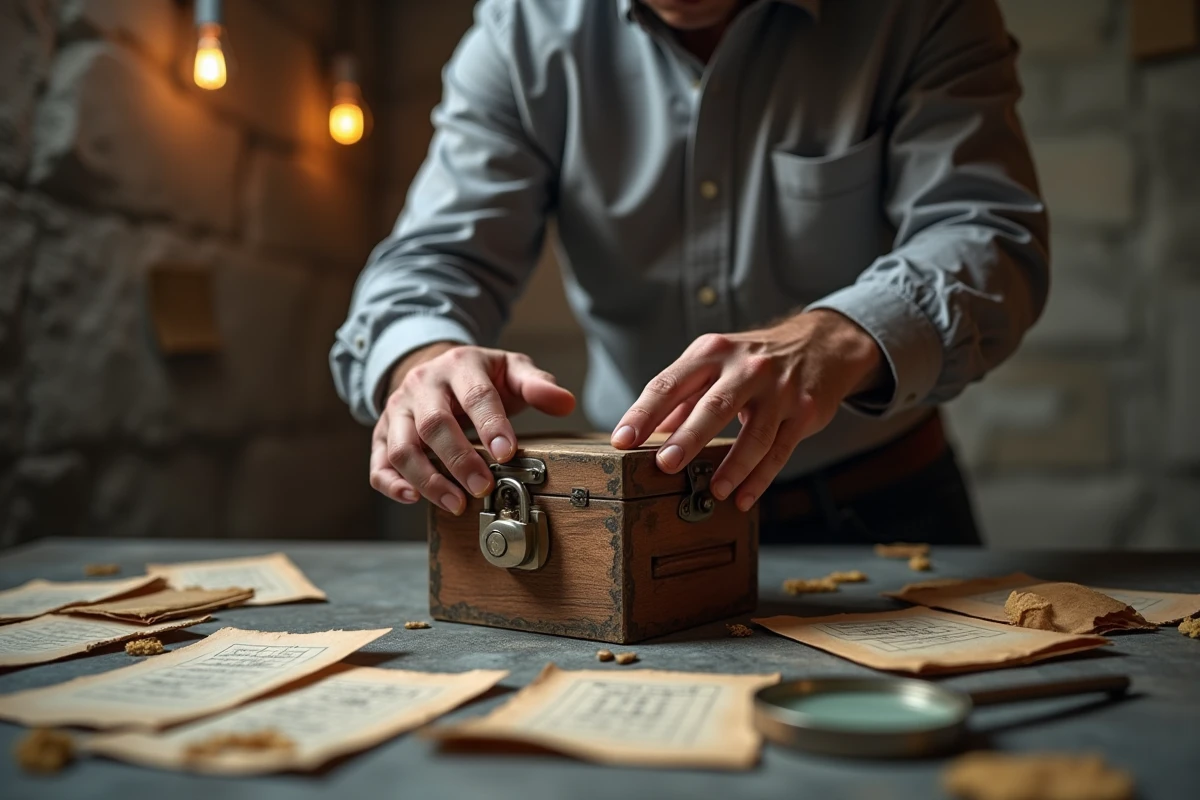 Mains masculines manipulant un cadenas à combinaison entouré d'indices dans une salle d'escape game rustique