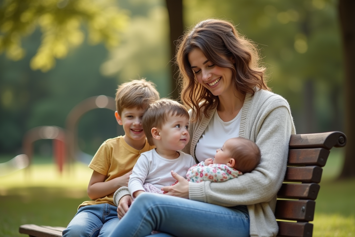 Maman assise sur un banc avec ses enfants dans un parc verdoyant