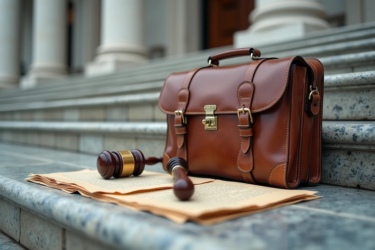 Mallette en cuir et documents juridiques éparpillés sur les marches d'un palais de justice, symbolisant la justice ambiguë et la fin du film Juré n°2